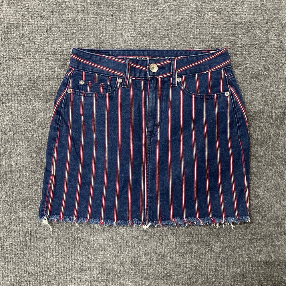 American Eagle Skirt Womens Size 2 Blue Red White Striped Denim Raw Hem Mini
